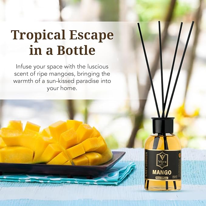 Mango Reed Diffuser Sticks and Bottle - Tropical-Scented Reed Diffusers for Home, Bathroom, Bedroom, Office - Luxury Home Fragrance Products & Decor - Long-Lasting Scent - 3.72 fl oz