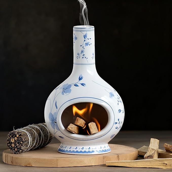 Ceramic Incense Holder Palo Santo Burner - Handmade Blue and White Porcelain Mini Chiminea for Ash Catching & Meditation Decor - Vintage Oriental Burner for Yoga Room Spiritual Gift