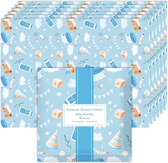 SCENTORINI Scented Drawer Liners for Dresser, Baby Powder Scent Drawer Paper Non-Adhesive, 14.3 x 19.6 Inch 6 Sheets, Shelf Liners for Bedroom Kitchen Cabinets Closet