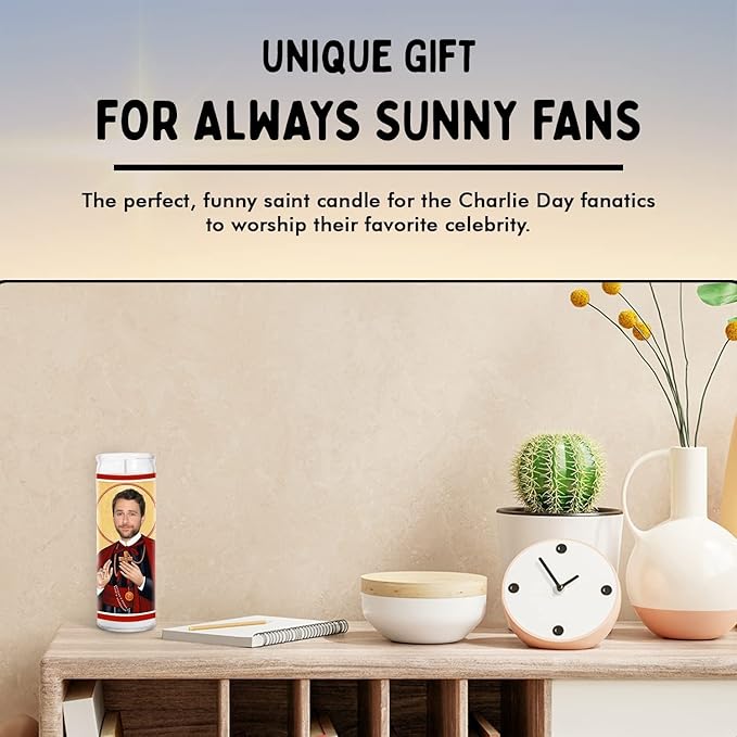 Charlie Celebrity Glass Jar Candle – Unscented Handmade Soy Wax Votive Candle – Unique Gift for Always Sunny Fans – Home Decor Collectible for Living Room & Office – 8 Inch