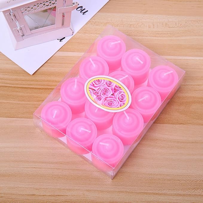 Tea Candles Round Romantic Candle Tealight Small Sweet Wedding Party 12 Pack Home 2-2.5 Hours Burn Time Votive Parties Bulk Birthday Halloween Emergency Family Dinner Hotel Ktv Bar (Pink)