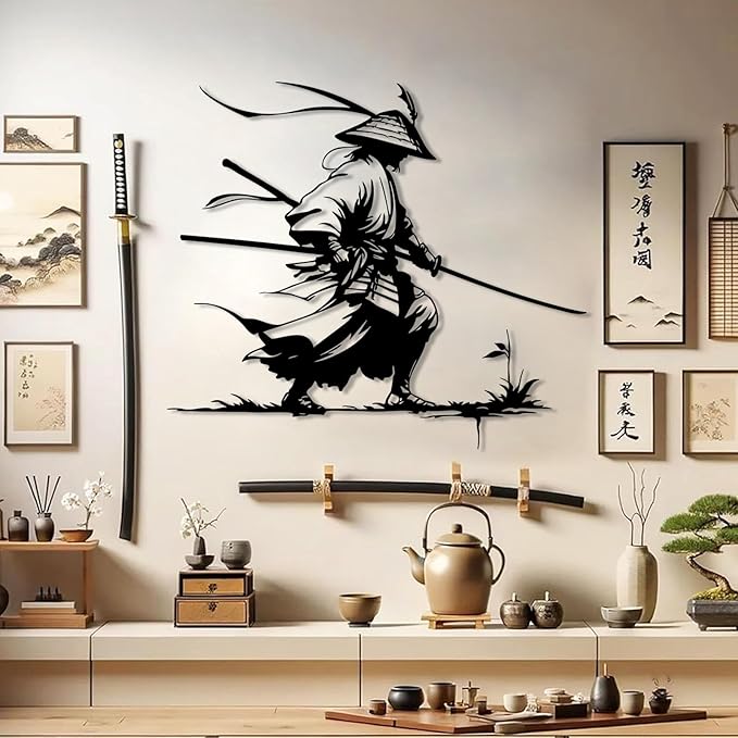 Samurai Metal Wall Art, Japanese Samurai Metal Wall Decor, Japanese Wall Art, Ninja Warrior Wall Decor, Gifts for Japan Lover, Wall Decoration for Living Room (Gold, 28"x24"/70x61cm, metal wall art)