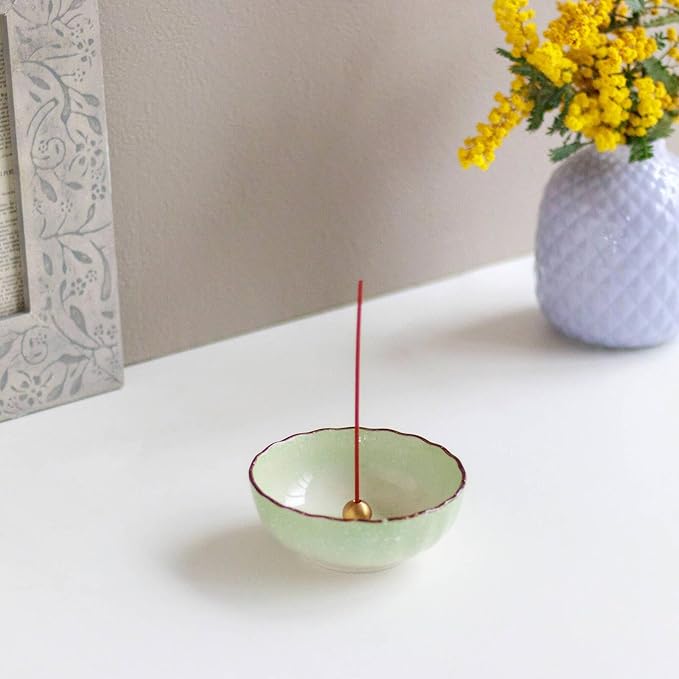 Asayu Japanese Lotus Incense Holder for Sticks 4.1 inch (105mm), Traditional Made in Japan Ceramic Ash Catcher and Brass Incense Burner Set - Light Green