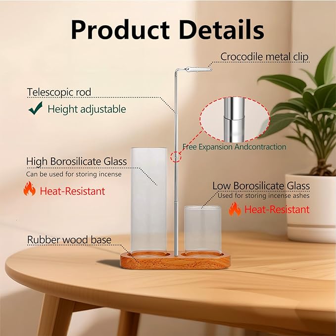 2 in 1 Incense Holder for Sticks(Height Adjustable), Anti-Ash Flying Insence-Sticks Burner with Glass Incense Holder Organizer for Meditation Yoga Spa Home Decor Sage (Silver Metal Rod)