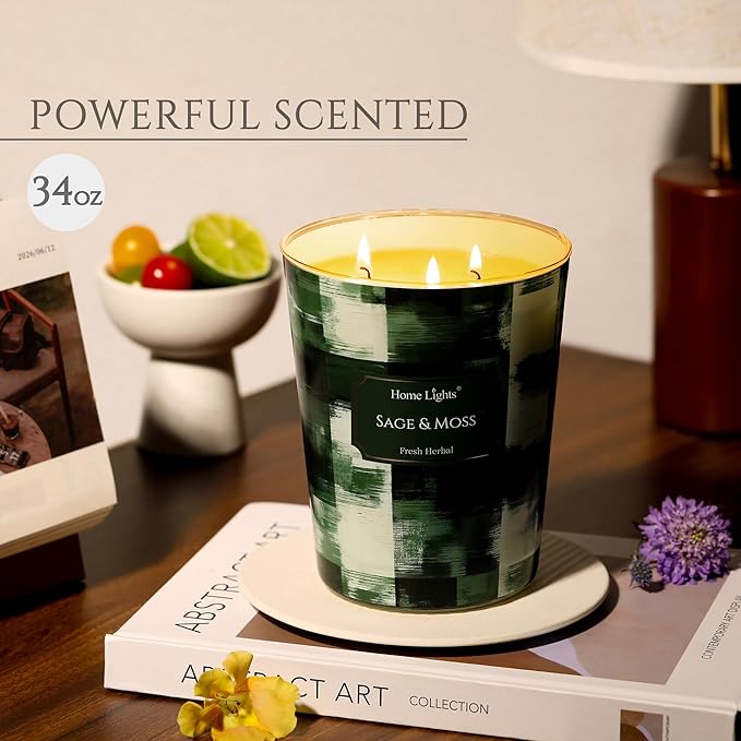 HomeLights 3-Wick Candles for Home Scented - 34oz Soy Wax Blend Candle Long-Lasting Fragrance, Scandinavian Minimalist Design Home Decor and Housewarming Gifts, Sage & Moss