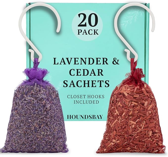 All-Natural Cedar and Lavender Sachet (20 Pack) with Hanger Hooks Included: 10 Lavender Sachets for Drawers and Closets, 10 Cedar Sachets Best Moth Repellent for Clothes