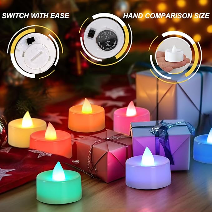 BEICHI Color Changing LED Tea Lights Bulk, 24 Pcs Flameless Tealight Candles with Colorful Lights, Battery Operated Colored Fake Candles, No Flickering Light, [White Base]