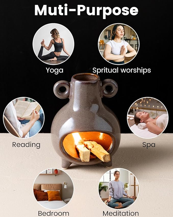 Ceramic Chiminea Palo Santo Holder, Modern Incense Holder Burner for Sticks Sage Bundles Cone Incense, Chimenea Incense Dish for Meditation Decor, Brown