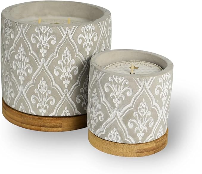 Classic Damask Pattern Large 16 Ounce Stone/Wax Scented Votive Jar Candle for Home or Office, White Linen, Grey/White, 2 Pack