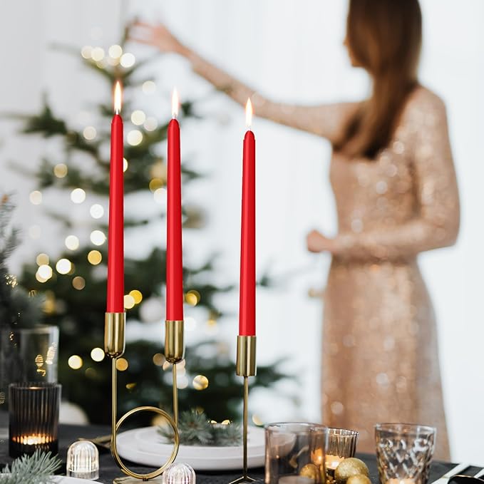 12 Pack Red Taper Candles - Taper Candles 10 Inch Dripless, Smokeless & Unscented - 8 Hours Long Burning - Hand Poured Tall Candlesticks - Ideal for Weddings, Dinner Parties, and Home Decor