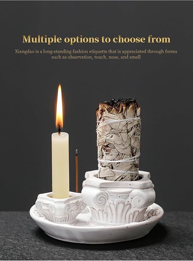 4-in-1 Ceramic Incense Holder & Ash Catcher Tray, Multi-Functional Design for Sage, Palo Santo, Incense Sticks, and Candles- Elegant White Tray for Meditation, Yoga and Home Decor