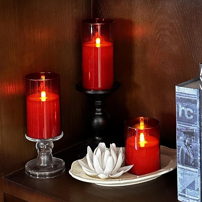Flameless Candles, LED Candles with Remote Control and Timer, New Real Flickering 3D Wick Battery-Powered Acrylic Column Candles for Romantic Ambiences and Home Décor, Set of 3 (Red)