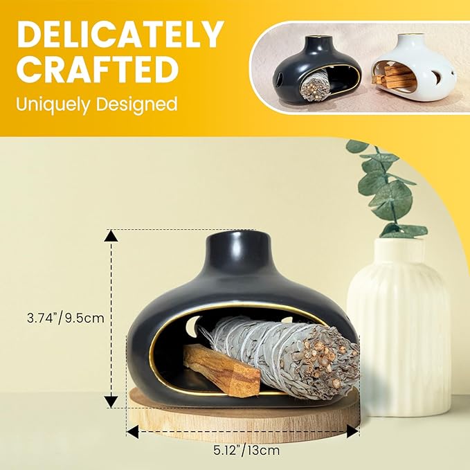 Ceramic Incense Holder Set-Handcrafted Palo Santo&Sage Cone Burner with Holes, Smudge Bowl for Meditation&Yoga-Palo Santo Holder with Brush&Tweezer-Home Decor for Relaxation, Black