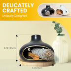 Ceramic Incense Holder Set-Handcrafted Palo Santo&Sage Cone Burner with Holes, Smudge Bowl for Meditation&Yoga-Palo Santo Holder with Brush&Tweezer-Home Decor for Relaxation, Black