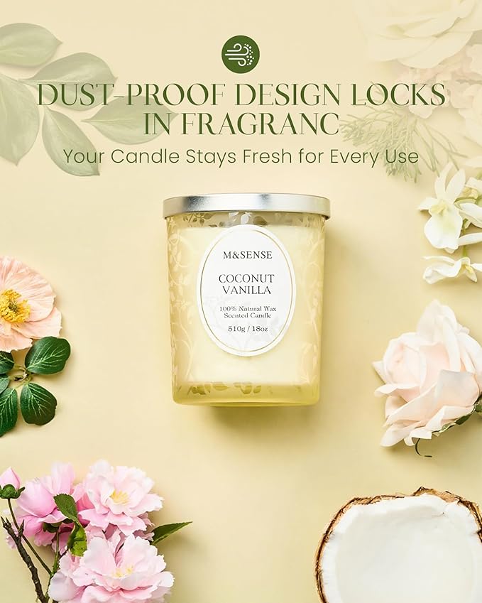 M&SENSE Coconut Vanilla Scented Candle, Wooden Wick Candles with Lid, 100 Hours Long Burning No Toxin Natural Soy Wax 18oz, Relax Stress Relief Sleep Home Fragrance,Housewarming Gifts for Her Him