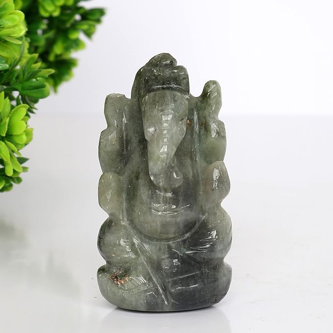 REAL-GEMS Labrodroite Lord Ganesha Idol Sculpture Statue Hand Carved Decorative Healing Reiki Gemstone Figurines Crafts Approximately 207 Ct.