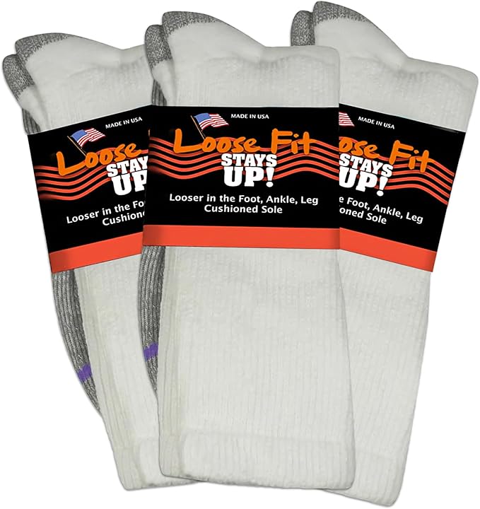 Loose Fit Stays Up Men's and Women's Casual Crew Socks (Pack of 3) Made in USA! Cushioned Sole