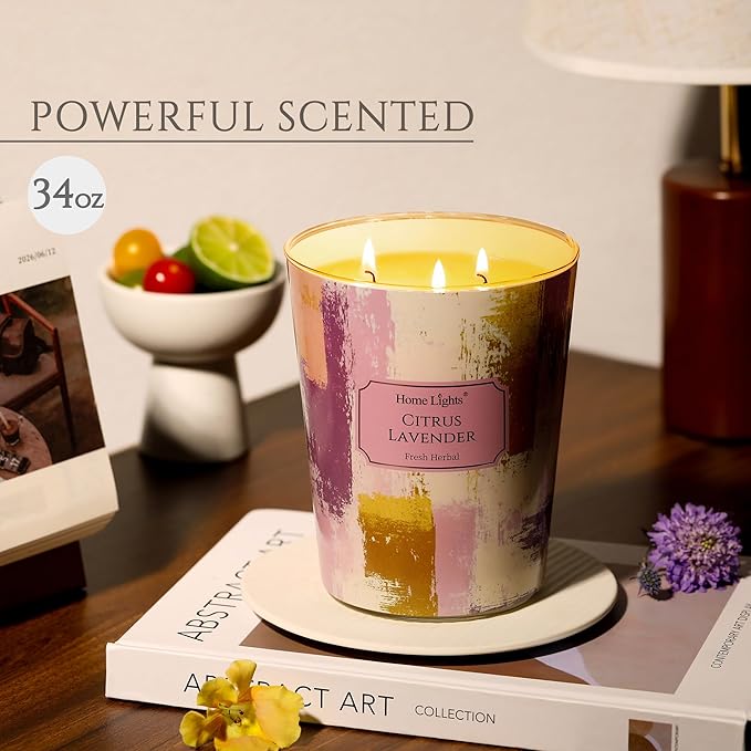 HomeLights Citrus Lavender Scented Candles | 34oz Soy Candles Scandinavian Minimalist Design 3-Wick Large Candle Jars | Ideal Candle Gifts for Events, Home Decor Stress, Relief & Relaxation
