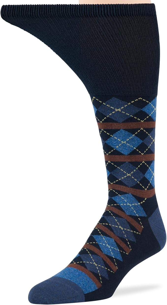 7BigStars Men Diabetic Loose Dress Business Cotton Mid Calf Socks - 5 Pack Large - Geometric, Argyle, Stripe - Sock Size 10-13 Shoe Size 9-12 L Dark Navy, Denim Blue