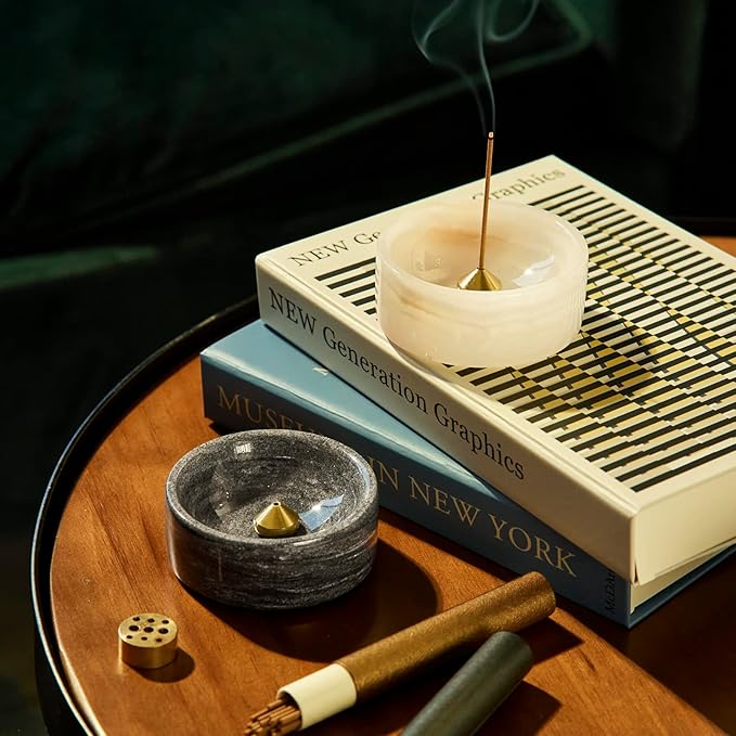 Pearly Onyx Japanese Incense Holder for Sticks, Cone Ash Catcher Bowl,Marble Incense Stand Set with Sandalwood Sticks & 2 Brass Burners, Minimalist, Zen, White