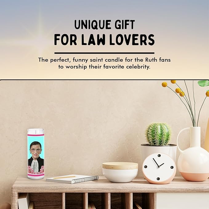 Ruth Celebrity Glass Jar Candle – Unscented Handmade Soy Wax Votive Candle – Unique Gift for Bader Ginsberg Fans & Law Lovers – Home Decor Collectible for Living Room & Office – 8 Inch