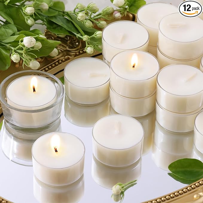 Blossom Jasmine Scented Tea Lights Candles 12 Pack, 4-5 Hours Natural Palm Tea Candles Bulk for Home Scented, Small Tealight Votives for Home Aromatherapy, Baby Shower Favors