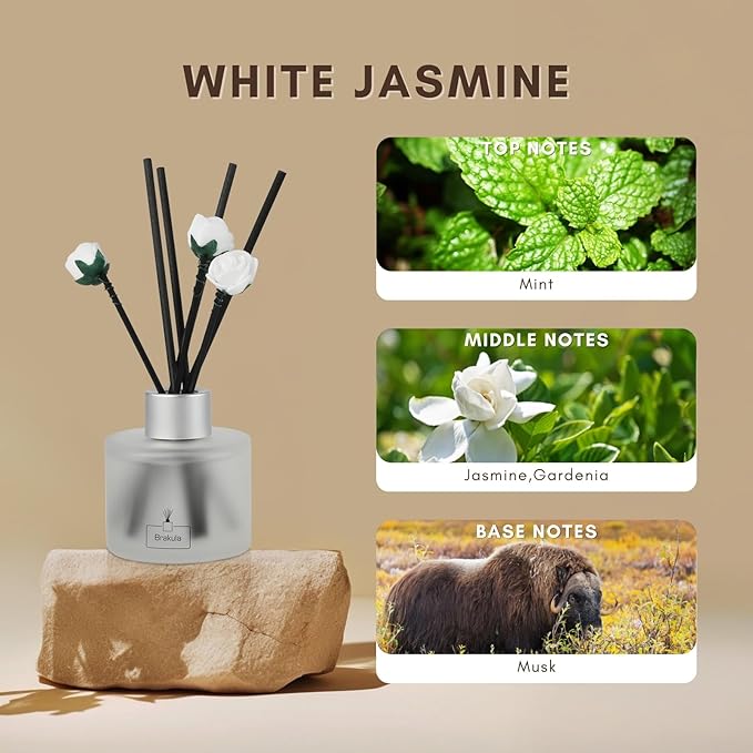 Brakula 2 Pack Reed Diffuser Set, White Jasmine Scented, Home Fragrance with 14 Sticks Bathroom Decor, Reed diffusers for Home 6.76 fl oz (White Jasmine)