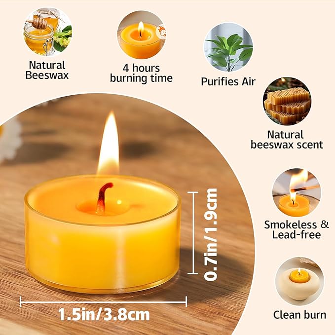24 Pack Beeswax Tealight Candles,Natural Beeswax Candles Bulk 4 Hour Burn Time,Yellow Tea Lights Candle for Home Decoration,Wedding,Party, Centerpiece