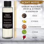 Urban Naturals Reed Diffuser Oil Refill, Oud & Citrus Diffuser Oils with Oud, Cedar, Citrus, Amber, 4 oz + Free Reed Sticks, Made in The USA