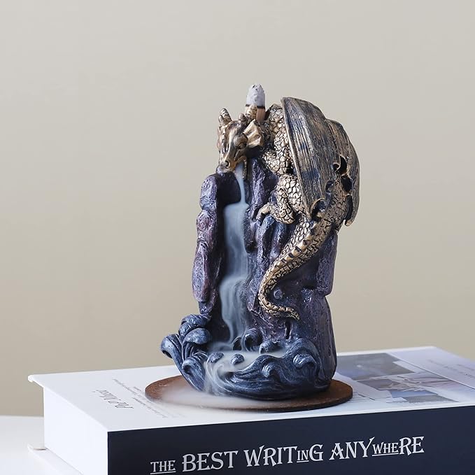 Dragon Backflow Incense Holder Waterfall Incense Burner, with 100 Backflow Incense Cones,1 Mat,1 Tweezers，Aromatherapy Ornamental for Home Office Yoga （Golden Dragon）