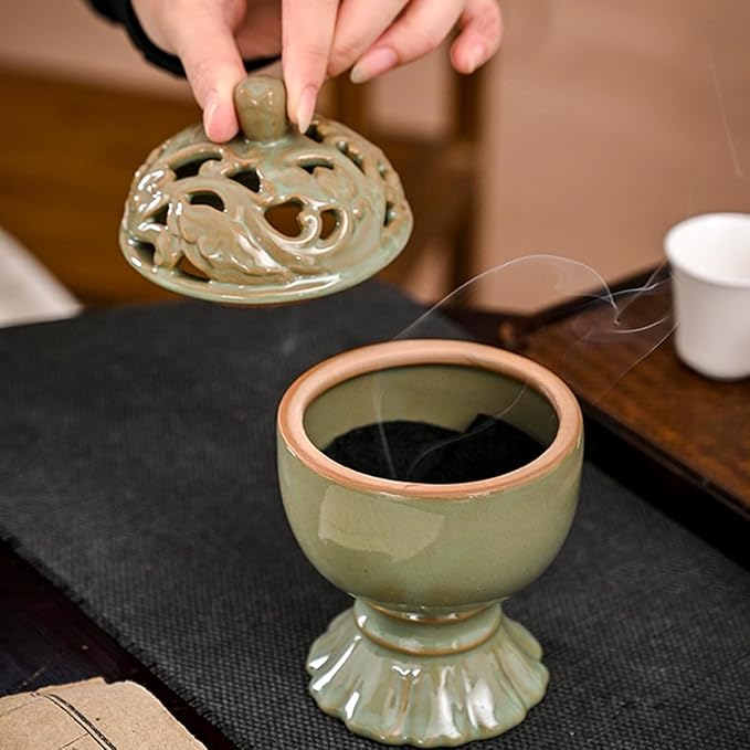 Ceramic Incense Burner with Lid,Boshan Incense Cone Holder for Coil Incense and Powder Incense,Mediation Gift,Home Decor (Green)