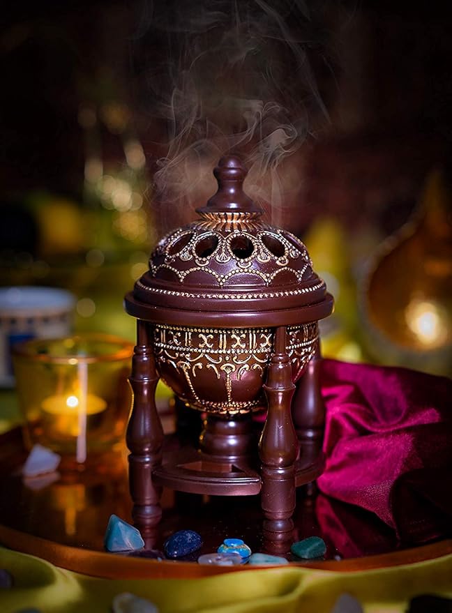 AM Charcoal Incense Burner - Bakhoor Burner, Oud Frankincense Resin Burner for Office & Home Decor - Lavish 4 Pillar (Brown)