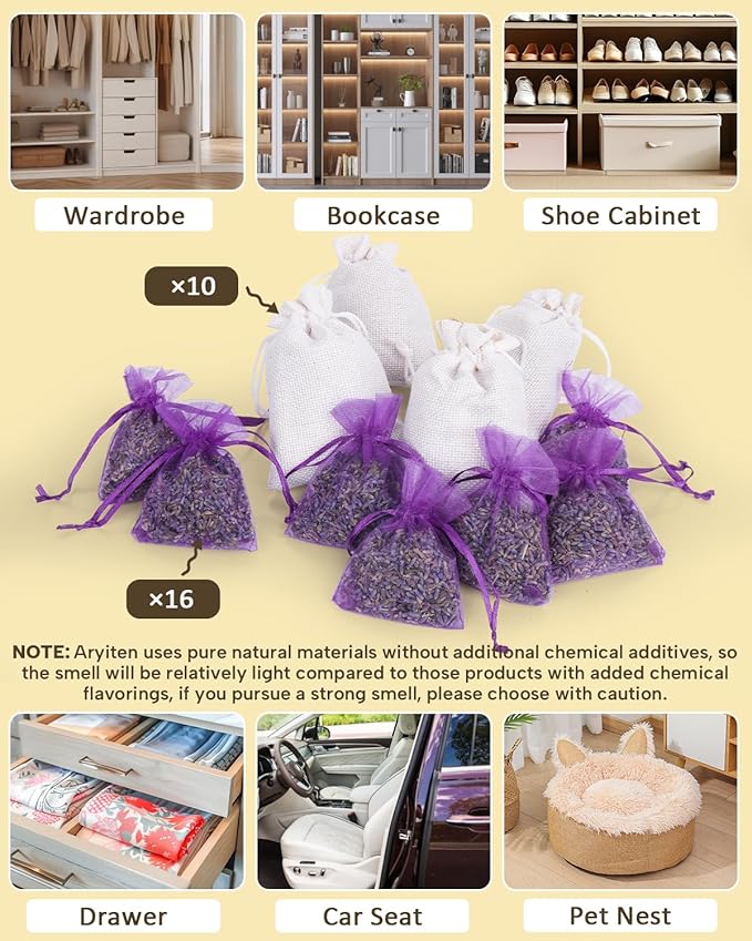 24 Pack Cedar and Lavendar Home Fragrance for Drawers and Closets - Stop Clothes Damage, Cedar Chips and Natural Dried Lavender Sachets Bags