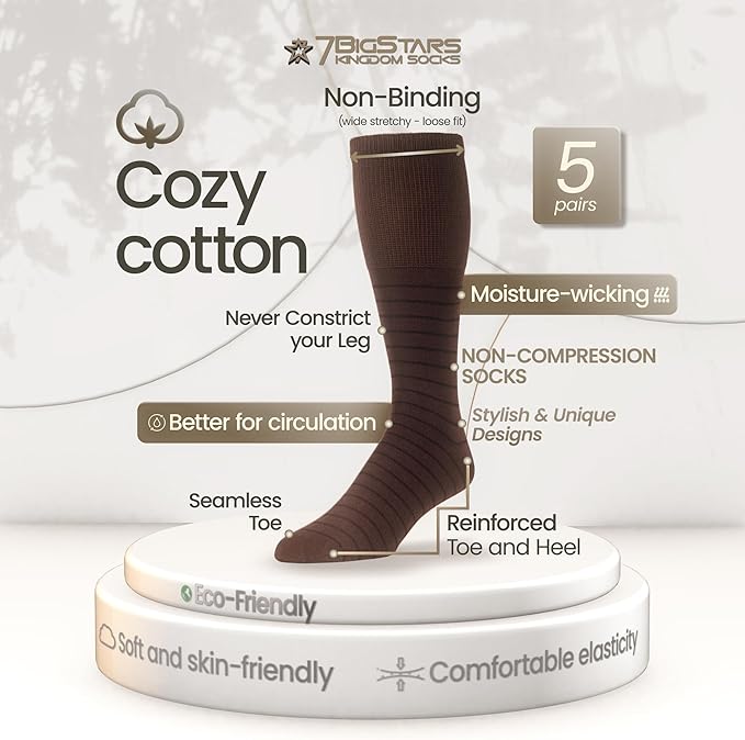 7BIGSTARS KINGDOM Men's Diabetic Fashion Non-Binding Cotton Dress Mid Calf Socks - 5 Pack Big Tall - Geometric, Argyle, Stripe - Sock Size 13-15 Shoe Size 12-15 XL Brown, Denim Blue