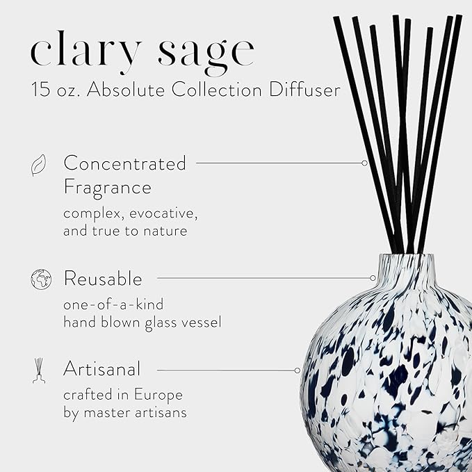 LAFCO New York Absolute Collection Reed Diffuser, Clary Sage - 15 oz - Up to 1 Year Fragrance Life - Reusable, Hand Blown Glass Vessel - Nylon Reeds - Made in The USA