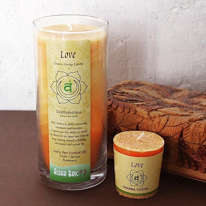 Premium Scented Hand Made Chakra Energy Candle | Votive 12-pack | Love, Svadhishtana| Yoga, Prayer & Meditation Candle | Long Burn |Essential Oils Cedar, Spruce, Rosemary | Aloha Bay