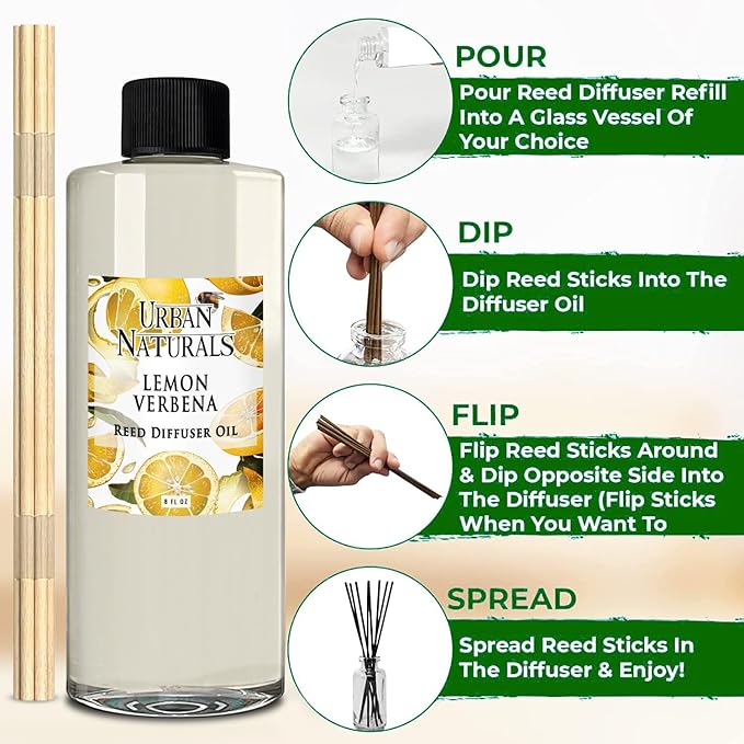 Urban Naturals Reed Diffuser Oil Refill Lemon Verbena with Lemon Zest, Bergamot, Vetiver, Cedarwood 8 oz + Free Reed Sticks, Made in The USA