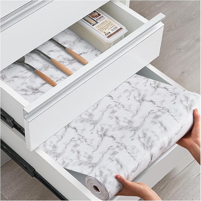 Drawer and Shelf Liner, Non-Slip Kitchen Cabinet Liners Non-Adhesive Thick Strong Grip Waterproof Washable Mats Protect Dresser Shelves Cupboard Bathroom Cabinets, White Marble, 18 in X 20 FT