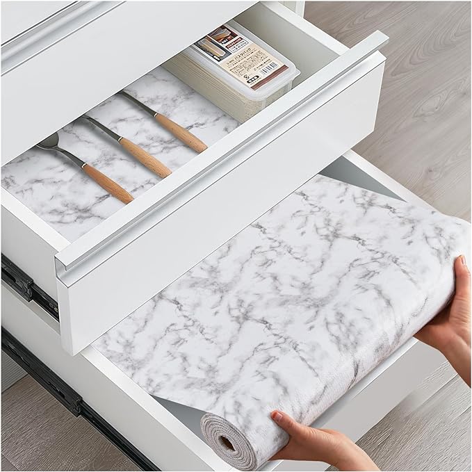 Drawer and Shelf Liner, Non-Slip Kitchen Cabinet Liners Non-Adhesive Thick Strong Grip Waterproof Washable Mats Protect Dresser Shelves Cupboard Bathroom Cabinets, White Marble, 12 in X 30 FT