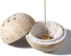 Koville Natural Travertine Stone Incense Burner, Incense Holder for Cone/Balsam Fir/Palo Santo/Sage, Handmade Sphere Incense Burner for Meditation Yoga SPA Relaxation, Home Decor,Beige Travertine