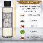Urban Naturals Autumn Night Reed Diffuser Refill Oil with Free Set of Reed Sticks. Woodsy Fall Scent – Cinnamon, Nutmeg, Clove, Apple, Cedar & Sandalwood, 4 oz