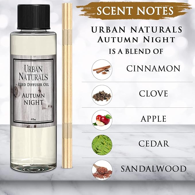 Urban Naturals Autumn Night Reed Diffuser Refill Oil with Free Set of Reed Sticks. Woodsy Fall Scent – Cinnamon, Nutmeg, Clove, Apple, Cedar & Sandalwood, 4 oz