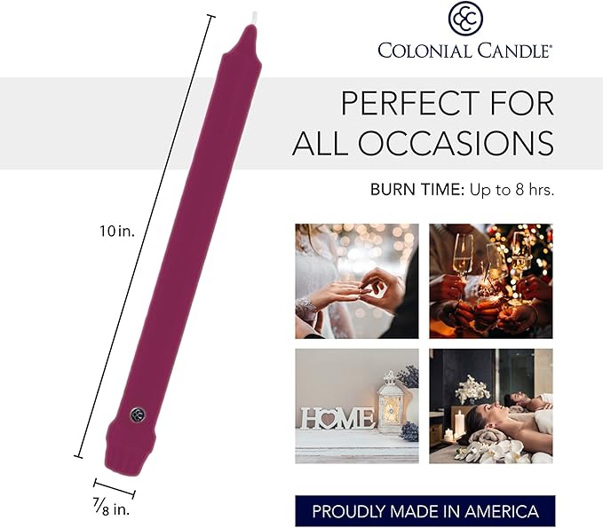 Colonial Candle Unscented Taper Candle, Classic Collection, Mulberry, 10 In, Pack of 12 - Up to 8 Hours Burn