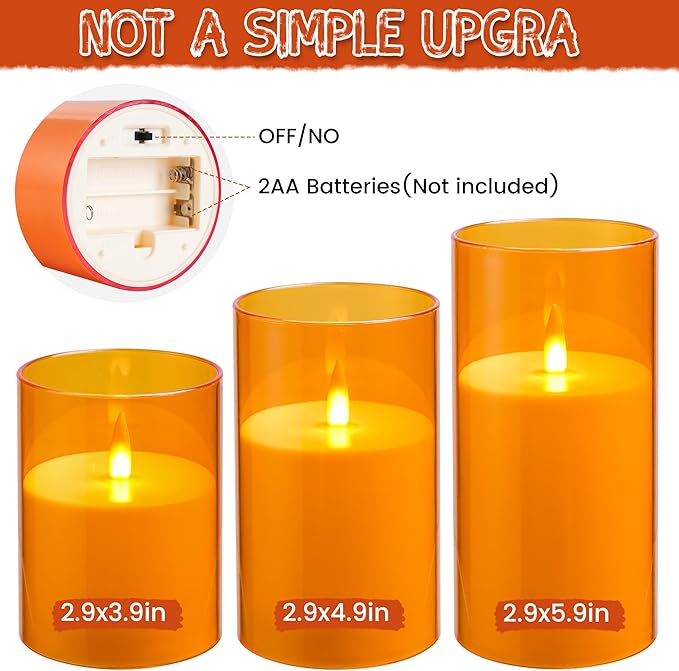 Flameless Candles, LED Candles with Remote Control and Timer, New Real Flickering 3D Wick Battery-Powered Acrylic Column Candles for Romantic Ambiences and Home Décor, Set of 3 (Orange)