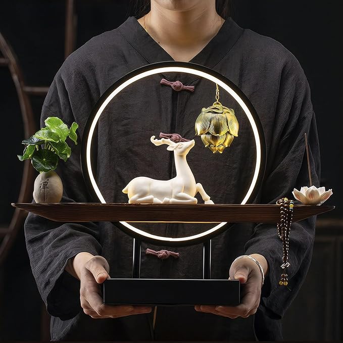 Deer Statue Backflow Incense Burner,Backflow Lotus Heart Incense Burner, Incense Waterfall Fountain Holder,with Adjustable LED Light Ring, USB Powered, Compatible with Cone and Stick Incense
