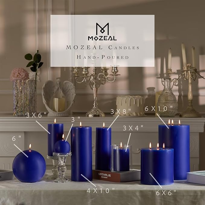 MOZEAL 3" x 6" Hand-Poured Unscented Candle, Dripless Pillar Candle Set of 3, Long Lasting Burning, Approx 120 Hours Burn Time, Rustic Country Style, for Winter Celebrations, Royal Decors, Royal Blue