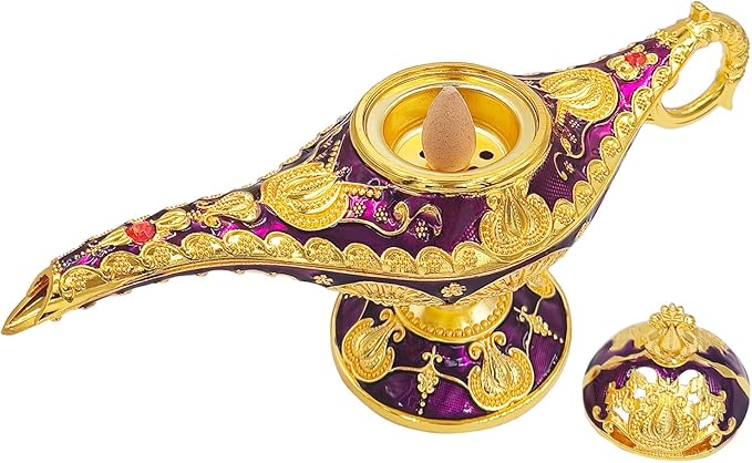 Vintage Aladdin Genie Lamp Cone Incense Holder,Legend Magic Lamp Incense Burner Arabian Costume Props,Wishing Light for Home Decor Birthday Party Wedding Purple