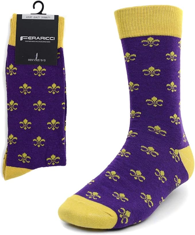 boxed-gifts Men's Mardi Gras Socks Fleur de Lis Patterned Premium Cotton Dress Casual Crew Socks for Men