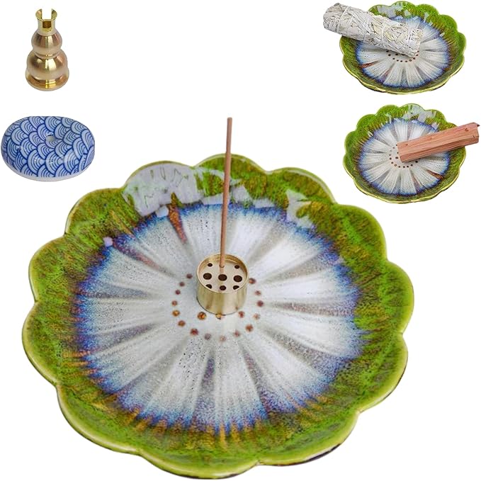 Ceramic Incense Holder for Sticks, Handmade Incense Burner Trays with 3 Pcs Incense Holes, Multi-Purpose Ash Catcher for Coils, White Sage & Palo Santo, Smudge Bowl for Meditation, Yoga, Decor (Green)