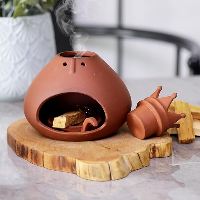 Terracotta Palo Santo Holder Chiminea Incense Burner for Yoga, Cone Burner, Energy Cleansing, Sage Ash Catcher, Smudge Bowl, Unique Meditation Gift